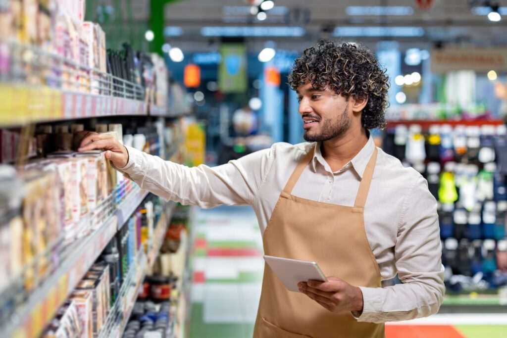 Retail store associate using FlexRetail mobile POS handheld device to check inventory, access customer profiles, and process payments on the sales floor