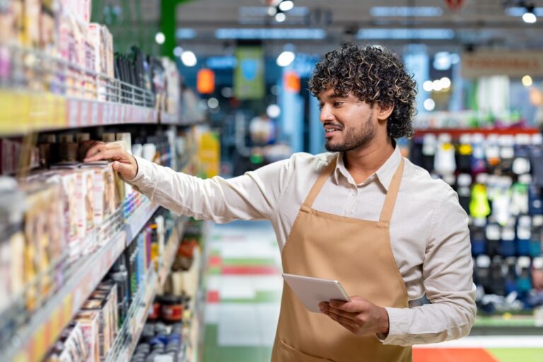 Retail store associate using FlexRetail mobile POS handheld device to check inventory, access customer profiles, and process payments on the sales floor