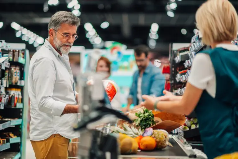 Grocery store checkout line waiting during a POS system outage