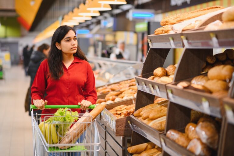 Grocery store manager reviewing POS velocity data for spices and produce on a tablet
